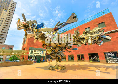 Los Angeles, California, United States - August 9, 2018: modern sculpture outside the Museum of Contemporary Art, MOCA on Grand Avenue in downtown Los Angeles. Blue sky in a sunny day. Stock Photo