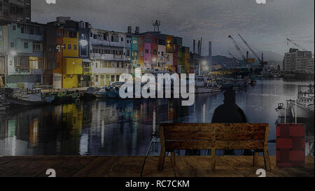 The Zhengbin Fishing Port in north of Taiwan with nice house color and view Stock Photo