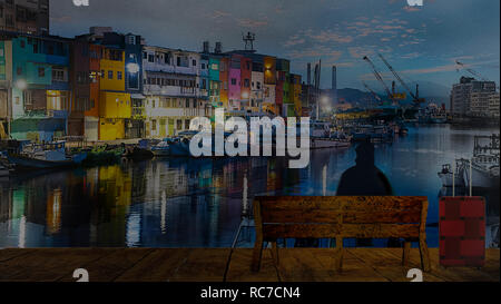 The Zhengbin Fishing Port in north of Taiwan with nice house color and view Stock Photo