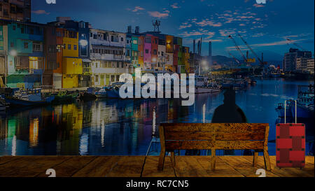 The Zhengbin Fishing Port in north of Taiwan with nice house color and view Stock Photo