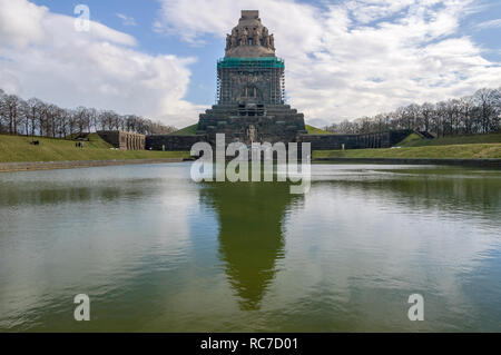 LEIPZIG, SAXONY, GERMANY - MARCH 21,, 2008: Panoramic view of the Monument to the Battle of the Nations in Leipzig, Saxony, Germany reflected in the w Stock Photo