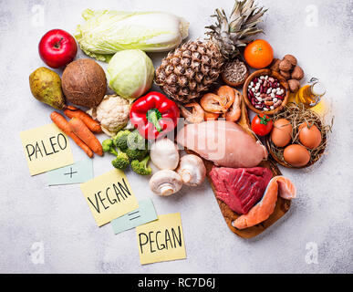 Pegan diet. Paleo and vegan products Stock Photo