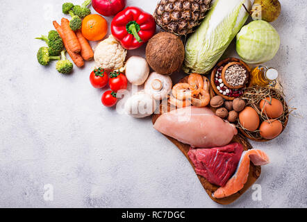 Pegan diet. Paleo and vegan products Stock Photo