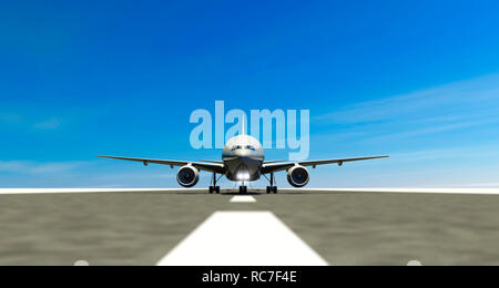 Airliner on the landing strip of an airport, take-off runway, taxiing engines. Front view of an airplane waiting for departure. 3d rendering Stock Photo