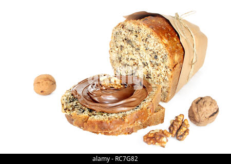 Walnut bread with chocolate spread isolated on white background Stock Photo
