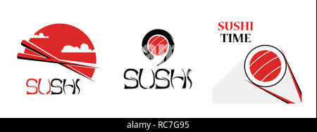 Set of sushi food logotype for asian food delivery. Roll with salmon and rice. Cuisine with seafood. Emblem for menu of japan restaurant. Stock Photo