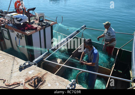 Fishermen working onboard an artisanal gillnetter in Lagos harbour, Algarve, Portugal Stock Photo