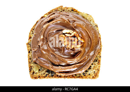 Slice of walnut bread with chocolate spread isolated on white background Stock Photo
