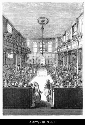 The House of Commons during the reign of King George II was the lower house of the Parliament of the United Kingdom. It eventually became the House of Commons of Great Britain after the political union with Scotland in 1707.   Under the Parliament Act 1911, the Lords' power to reject legislation was reduced to a delaying power. The Government is solely responsible to the House of Commons and the Prime Minister stays in office only as long as he or she retains the support of a majority of the Commons. Stock Photo