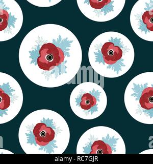Vector floral repeat seamless pattern with red and pink anemone flowers in white circles. Green background. Stock Vector