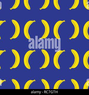 Seamless repeat vector pattern of yellow bananas on royal blue background. Yellow fruit. Stock Vector