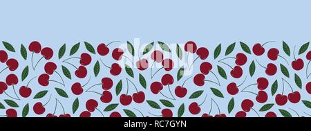 Vector cherry repeat seamless border. Wine red cherries with leaves on light blue background. Stock Vector