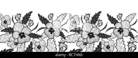 Vector horizontal seamless border with black and white pansy. Stock Vector