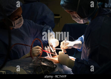 Doctors performing spine surgery using neuronavigation computer-assisted technology system Stock Photo