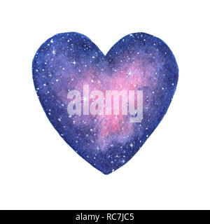 Hand painted watercolor space illustration in shape of a heart isolated on the white background. Saint  Valentine's Day decoration. Stock Photo