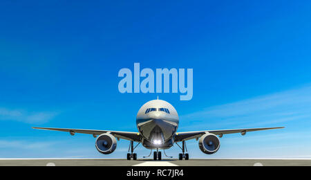 Airliner on the landing strip of an airport, take-off runway, taxiing engines. Front view of an airplane waiting for departure. 3d rendering Stock Photo