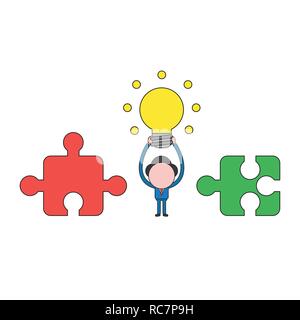 Vector illustration concept of businessman character between incompatible puzzle pieces and holding up glowing light bulb. Color and black outlines. Stock Vector