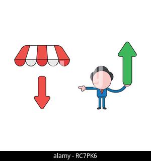 Vector illustration concept of businessman character holding arrow up and pointing arrow down under store awning. Color and black outlines. Stock Vector