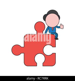 Vector illustration concept of businessman character sitting on puzzle piece and showing thumbs-up. Color and black outlines. Stock Vector