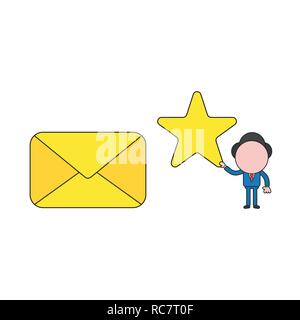Vector illustration concept of businessman character with closed mail envelope and holding star. Color and black outlines. Stock Vector