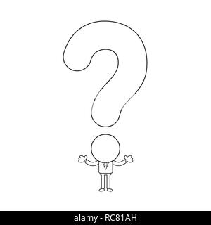 Vector illustration concept of businessman character with question mark head. Black outline. Stock Vector