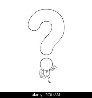 Vector illustration concept of businessman character running with question mark head. Black outline. Stock Vector