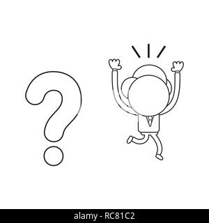 Vector illustration concept of businessman character running away from question mark. Black outline. Stock Vector