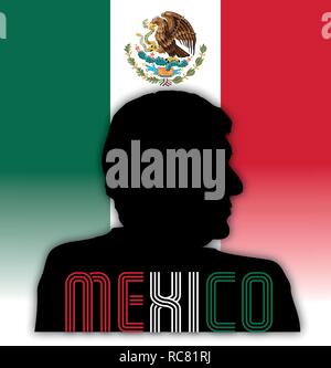 Andrés Manuel López Obrador, President of Mexico, silhouette portrait on the Mexican flag, vector illustration Stock Vector