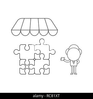 Vector illustration concept of businessman character with four connected jigsaw puzzle pieces under store roof. Black outline. Stock Vector