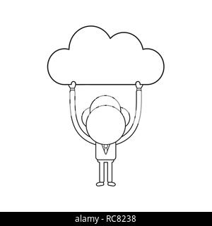 Vector illustration concept of businessman character holding up cloud. Black outline. Stock Vector