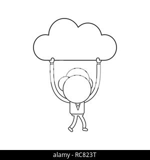 Vector illustration concept of businessman character walking and carrying cloud. Black outline. Stock Vector