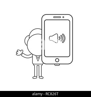 Vector illustration concept of businessman character holding smartphone with sound on symbol. Black outline. Stock Vector