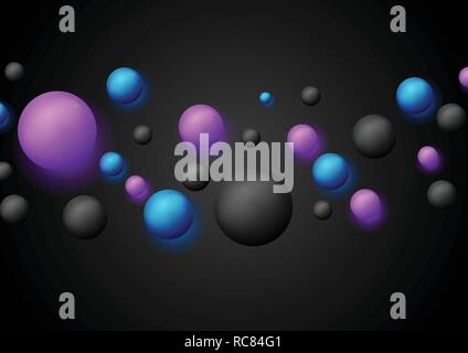 Bright retro 3d bubbles with luminous effect on black background. Vector neon balls design Stock Vector