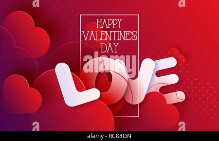 Hearts on abstract love background with hearts. February 14. Valentines day card, banner. 3d red hearts shapes. Vector illustration Stock Vector