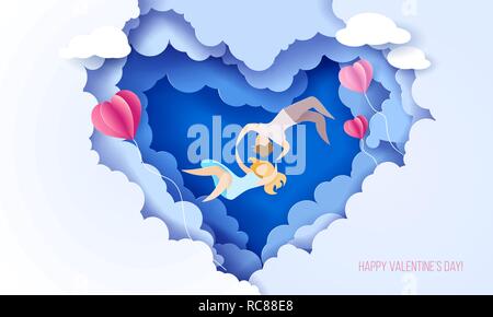 Valentines day card with couple holding handsand fall in love on sky blue background with heart shaped clouds. Vector paper art illustration. Paper cut and craft style. Stock Vector
