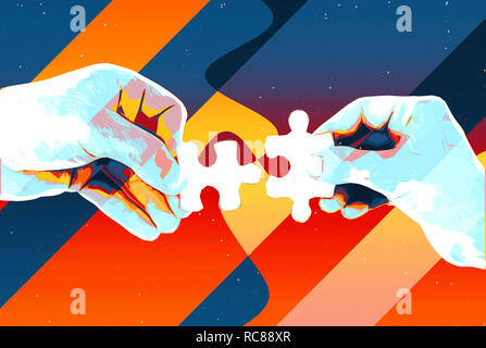 Hands with two puzzle pieces abstract background , modern illustration for teamwork, partnership , relationship , connection and cooperation business . Stock Photo