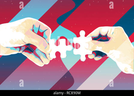 Hands with two puzzle pieces abstract background , modern illustration for teamwork, partnership , relationship , connection and cooperation business . Stock Photo