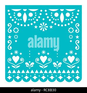 Papel Picado template with no text vector design, Mexican turquoise paper fiesta decoration from Mexico with flowers and geometric pattern Stock Vector