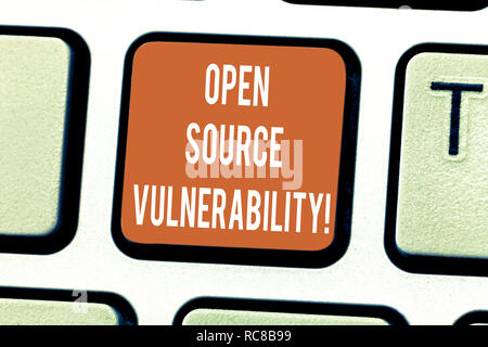Writing note showing Open Source Vulnerability. Business photo showcasing Publicized Exploits are open to malicious users Keyboard key Intention to cr Stock Photo