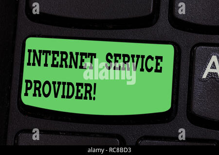 Writing note showing Internet Service Provider. Business photo showcasing Company that provides access to the Internet Keyboard key Intention to creat Stock Photo
