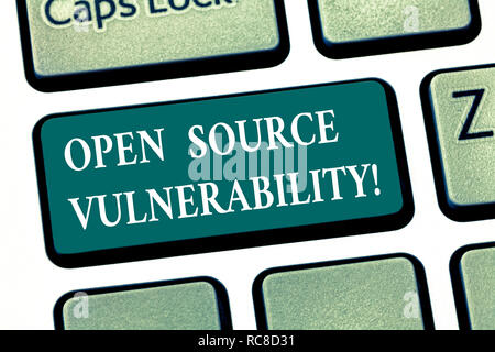 Writing note showing Open Source Vulnerability. Business photo showcasing Publicized Exploits are open to malicious users Keyboard key Intention to cr Stock Photo