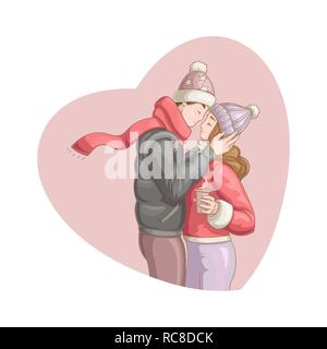 Happy Valentine's Day. Vector illustration of cartoon style beautiful loving couple kissing for your design Stock Vector