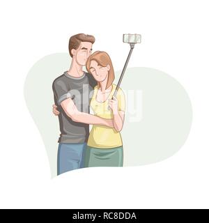 Happy Valentine's Day. Vector illustration of cartoon style beautiful loving couple smiling and making selfie for your design Stock Vector