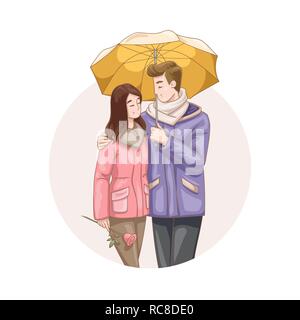 Happy Valentine's Day. Vector illustration of cartoon style beautiful loving couple walking under umbrella for your design Stock Vector