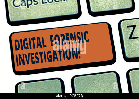Handwriting text Digital Forensic Investigation. Concept meaning recovery of information from computers Keyboard key Intention to create computer mess Stock Photo