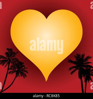 Valentine Yellow Love Heart Over Red Background with Tropical Palm Tree Silhouettes Stock Vector