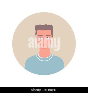 Young adult portrait handsome Caucasian man with wavy light brown hairstyle blue eyes wearing tshirt icon Stock Vector