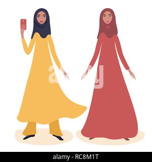 Two happy young Arabic girls Full length portrait Stock Vector
