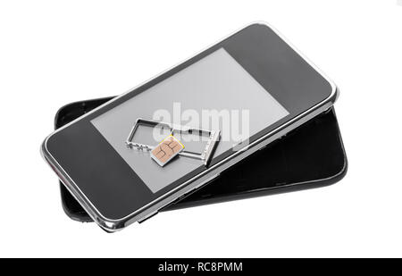 mobile phone and sim card on a white isolated background Stock Photo