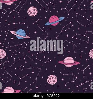 Hand drawn seamlesss pattern with zodiac constellations, planets and moons in pink pastel colors on the  dark background. Cosmic backdrop. Stock Vector